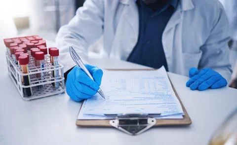 Blood test, science documents and hands in laboratory for healthcare results Foto stock