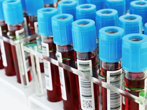 Blood test tubes. Blood samples in a rack. Stock Illustration