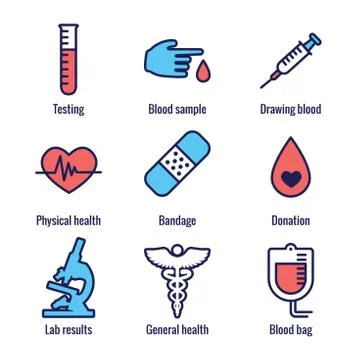Blood testing and work icon set with syringe, donation, and blood sample idea イラスト素材