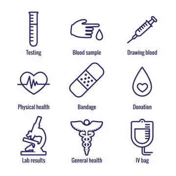 Blood testing and work icon set with syringe, donation, and blood sample idea イラスト素材