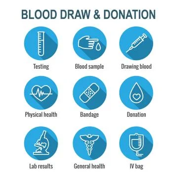 Blood testing and work icon set with syringe, donation, and blood sample idea Illustrazione stock