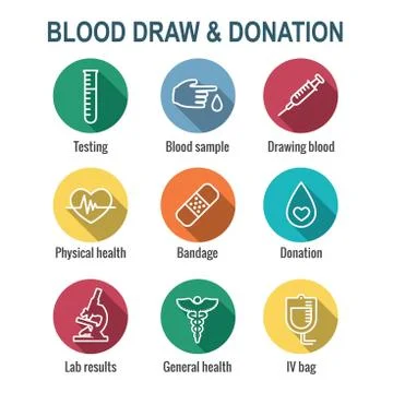 Blood testing and work icon set with syringe, donation, and blood sample idea Stock Illustration