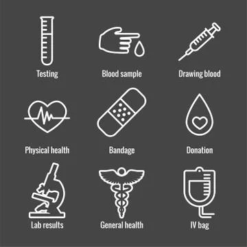 Blood testing and work icon set with syringe, donation, and blood sample idea Stock Illustration