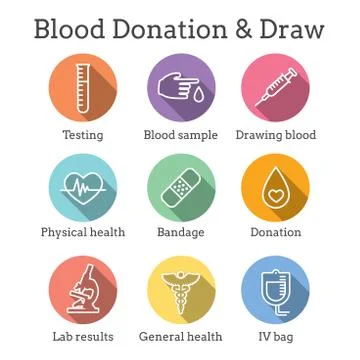 Blood testing and work icon set with syringe, donation, and blood sample idea イラスト素材