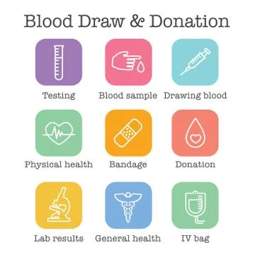 Blood testing and work icon set with syringe, donation, and blood sample idea Illustrazione stock