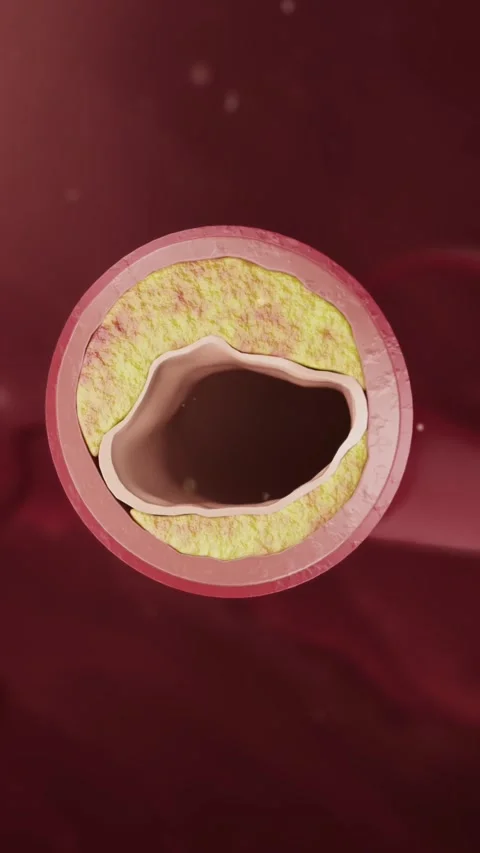 Blood vessel inner wall with thrombus, cholesterol, and plaque buildup. Stockbeeldmateriaal 344103105