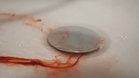 Blood with water flows down the drain hole in the shower. Metaphor. Stock Footage 144865653
