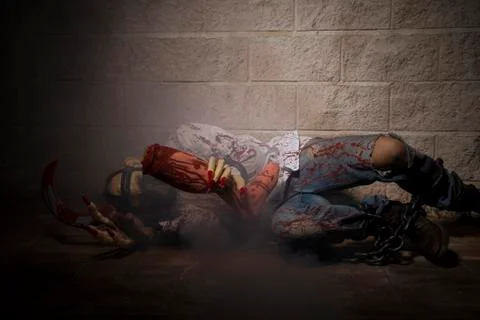 Bloodstained, Man chained with blood and knife, has a severed leg blood Stock Photos