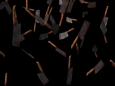 Bloody cleavers falling - black background Stock Footage 83087437
