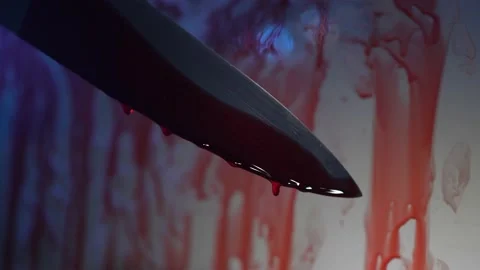 Bloody Knife Dripping With Blood Splatter on Wall Murder Scene Stock Footage