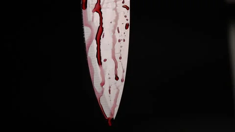 Bloody knife isolated on dark background. Red blood splattered on the knife. Stock-Footage 248302004
