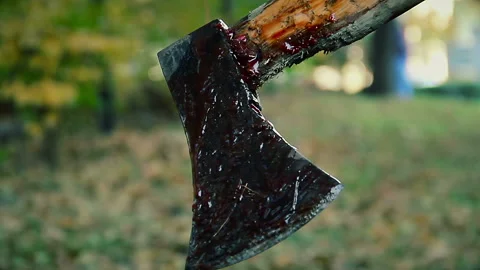 Bloody murder weapon, crazy serial maniac cutting victim's body with sharp axe Stock Footage 87313995