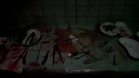 Bloody surgical instruments on table Stock Footage 258115813