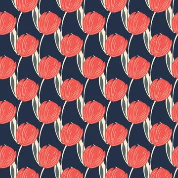 Bloom abstract seamless pattern with bright pink tulip flowers ornament. Navy Stock Illustration