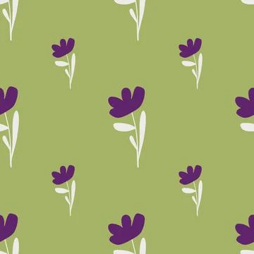 Bloom ditsy seamless pattern with flowers shapes in purple color. Green backg Stock Illustration