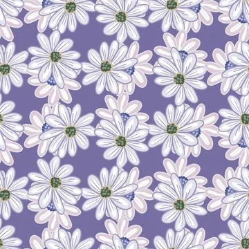 Bloom floral seamless pattern with random daisy flowers shapes. Purple pastel Stock Illustration