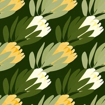 Bloom nature seamless pattern with green leaves and white and yellow protea f Stock Illustration