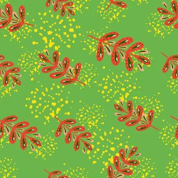 Bloom nature seamless pattern with red leaf branches elements. Green backgrou 스톡 일러스트