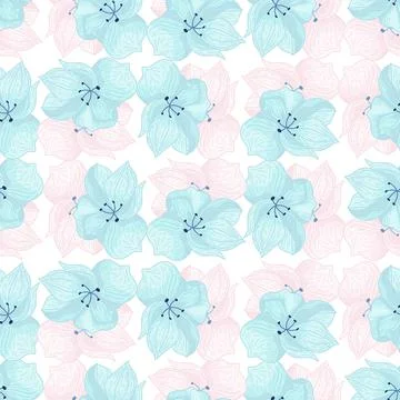 Bloom seamless pattern with blue flower elements print. Orchid shapes on whit Illustrazione stock