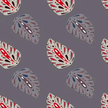 Bloom seamless pattern with creative folk monstera elements. Grey background. Stockillustratie