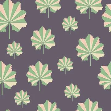 Bloom seamless pattern with green random exotic leaf ornament. Purple pastel  스톡 일러스트