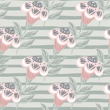 Bloom seamless pattern with hand drawn folk flowers elements. Blue light stri Stock Illustration