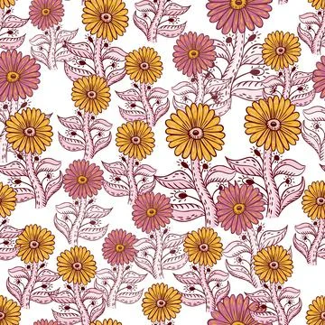 Bloom seamless pattern with pink and yellow sunflower elements. Isolated back イラスト素材