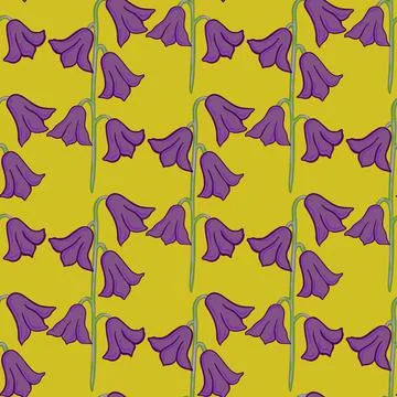 Bloom seamless pattern with purple bell flowers elements ornament. Yellow pal 스톡 일러스트