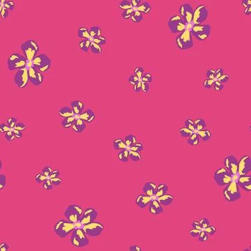 Bloom seamless pattern with purple random flowers bud ornament. Bright pink b 스톡 일러스트