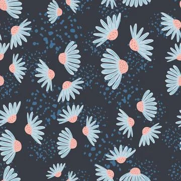 Bloom seamless pattern with random blue floral chamomile flowers elements. Ba Illustrazione stock