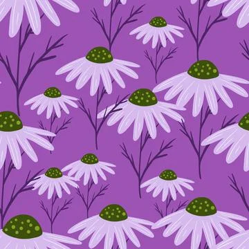 Bloom seamless pattern with random chamomile flowers elements. Purple pastel  イラスト素材