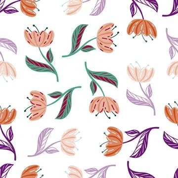 Bloom seamless pattern with random colorful tulip flowers elements. Isolated  Illustrazione stock