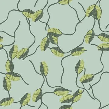 Bloom seamless pattern with random pale green poppy bud flower silhouettes. B Stock Illustration