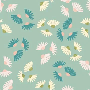 Bloom seamless pattern with random white daisy flowers elements. Blue pastel  Stockillustratie