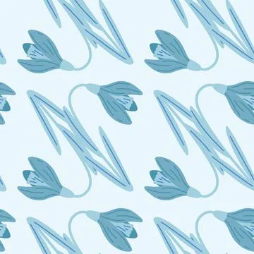 Bloom seamless pattern with vintage snowdrops flowers ornament. Blue palette  库存插图