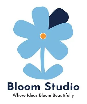 Bloom studio featuring a light blue, hand-drawn style flower with a dark Ilustração Stock