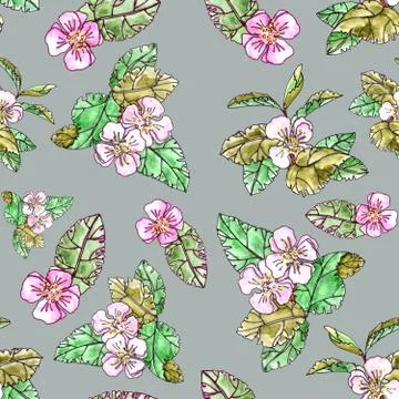Blooming apple tree branches on a grey background. Seamless pattern. Illustrazione stock