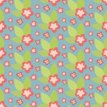 Blooming bush with leaf, seamless pattern pink green floral background Stock Illustration
