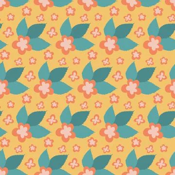 Blooming bush with leaf, seamless pattern yellow pink green floral background Stock Illustration