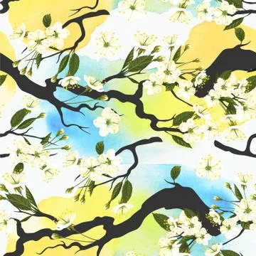 Blooming cherry seamless Stock Illustration
