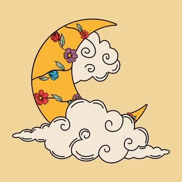 Blooming Crescent Moon with Clouds Stock Illustration