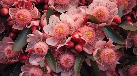 Blooming Eucalyptus flowers composition. A close-up of vibrant pink eucalyp.. Stock Photos