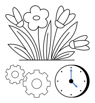 Blooming Flowers, Cogs, and Clock Symbolizing Growth, Efficiency, and Time .. Stock Illustration