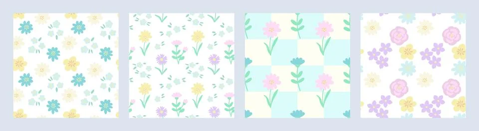 Blooming flowers seamless pattern set. Spring summer pastels background Stock Illustration