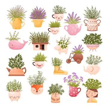 Blooming Herbs Bouquets in Different Vase Big Vector Set 스톡 일러스트
