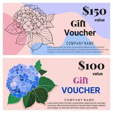 Blooming Hydrangea Flower Gift Voucher Coupon Business Discount Card Template Illustrazione stock