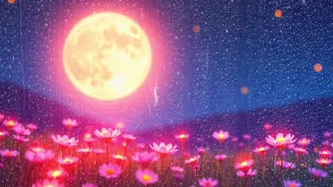 Blooming Moonlight: Glowing Flowers Under a Rain-streaked Window on a Moonlit N Stock Footage 330320595