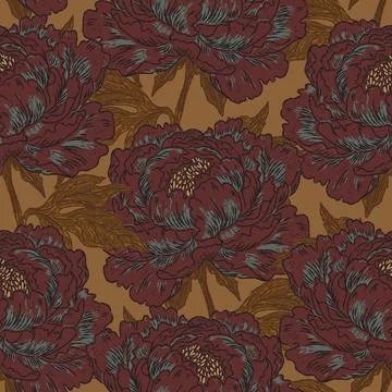 Blooming Peony. Seamless Pattern. This vintage illustration is hand-drawn in  Stock Illustration