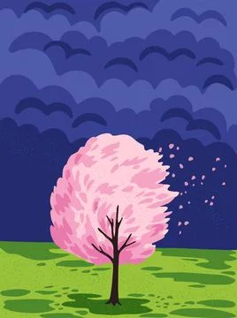 Blooming pink tree in windy cloudy day. Spring landscape with clouds. Stock Illustration