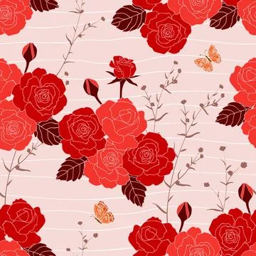Blooming rose garden seamless pattern on red tone,design for fashion,fabric.. Stock Illustration